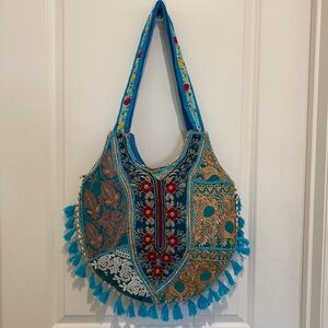 Boho Embroidered Teal Shoulder Bag with Tassels